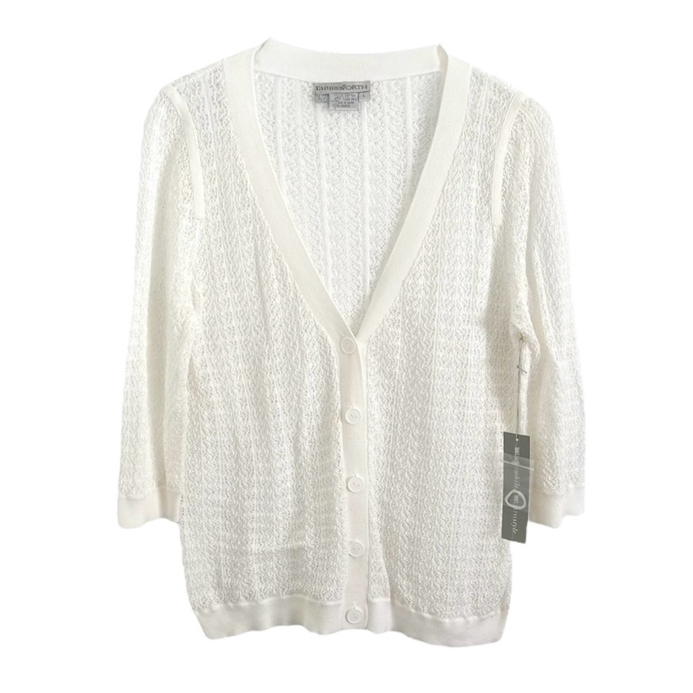 WORTH NEW YORK OPTIC WHITE CROCHET V-NECK 3/4 SLEEVES TOP SWEATER CARDIGAN L NWT